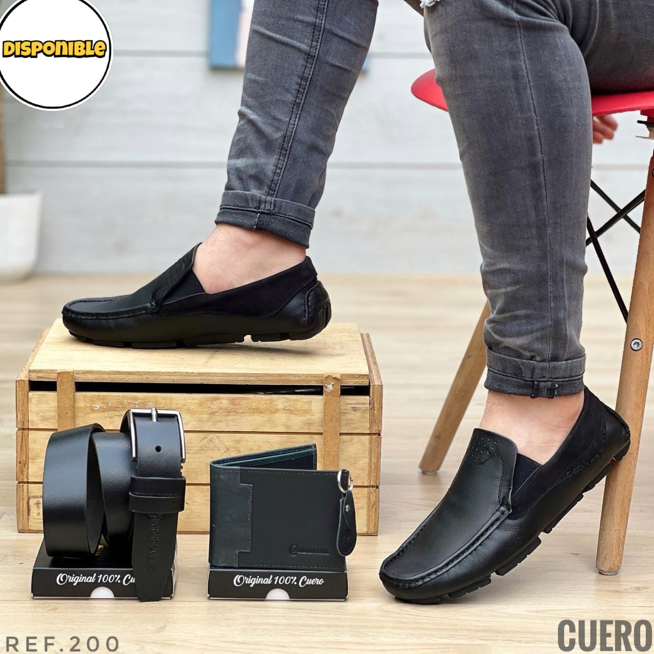Kit Mocasin/correa/cartera En Cuero Hombre