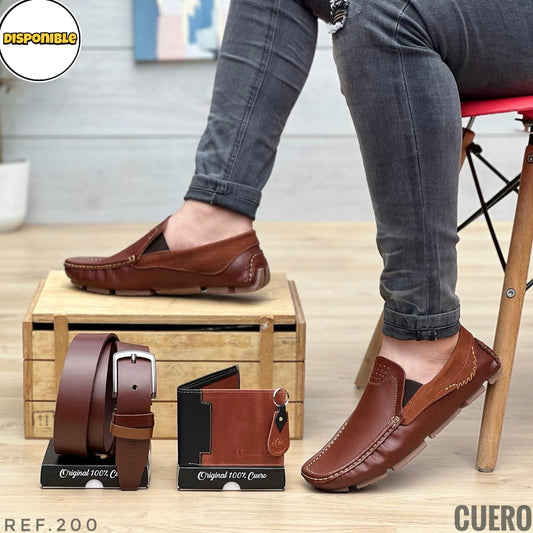 Kit Mocasin/correa/cartera En Cuero Hombre