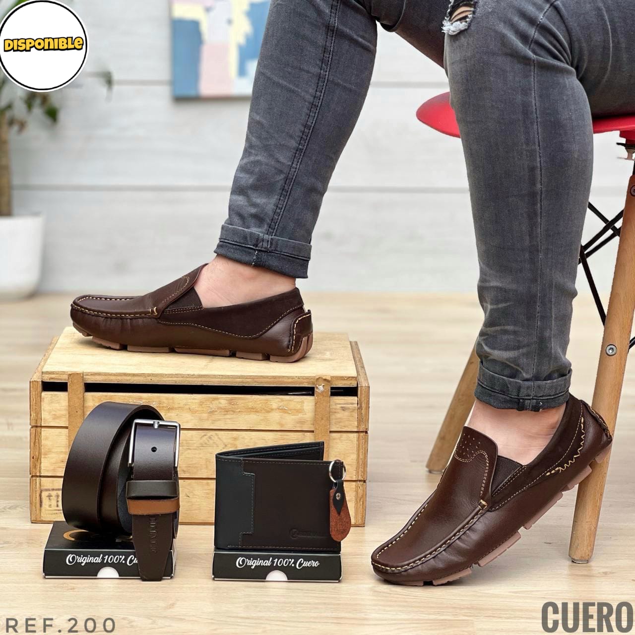 Kit Mocasin/correa/cartera En Cuero Hombre