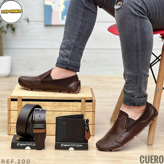 Kit Mocasin/correa/cartera En Cuero Hombre